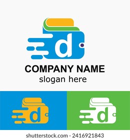 Letra d inicial con aceleración de cartera y velocidad, Idea de logotipo simple de pago rápido en línea. Concepto de vectores de cartera digital. 