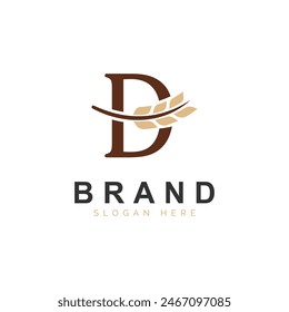 Initial D Letter with Wheat Grain for Bakery, Bread, Logo Design Vector Icon Illustration