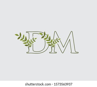 Initial  D, M and DM Nature Floral Logo Icon, Green Leaf Letter Design.