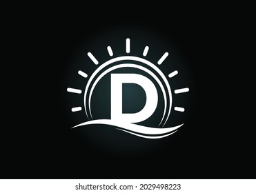 Initial D monogram alphabet with abstract sun and wave. Ocean sun logo design. Font emblem. Modern vector logo for a business, and company identity