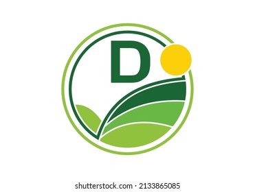 Alfabeto monograma D inicial con agricultura. plantilla vectorial de diseño de logotipo agrícola. emblema de letra. Logo vectorial moderno para empresas.