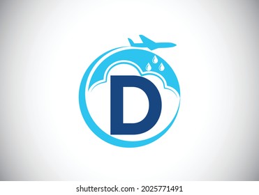 Alfabeto monograma D inicial con avión y nube. Producción artificial de lluvia. Logo de la siembra de nubes. Logo vectorial moderno para el negocio, e identidad de la empresa
