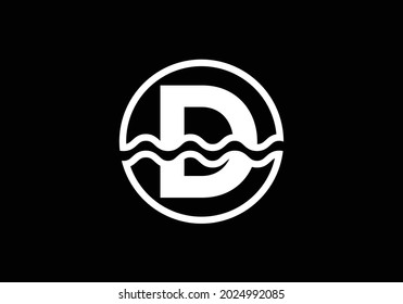 Initial D monogram alphabet in a circle with water waves. Water wave logo design. Logo for the ocean, sea-related business, and company identity