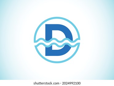 Initial D monogram alphabet in a circle with water waves. Water wave logo design. Logo for the ocean, sea-related business, and company identity