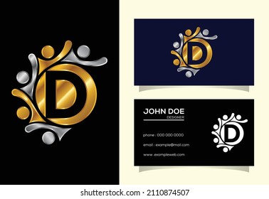 Initial D monogram alphabet with connecting people. Team, cooperation logo sign symbol.