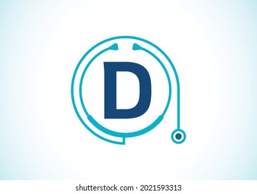 Initial D monogram alphabet with doctor stethoscope. Vector stethoscope logo or icon. Logo for medical and pharmaceutical business and company identity