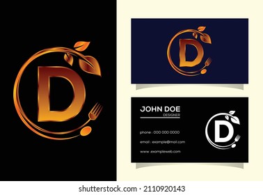 Initial D monogram alphabet with a fork, spoon, and leaf. Healthy natural food logo. Logo for cafe