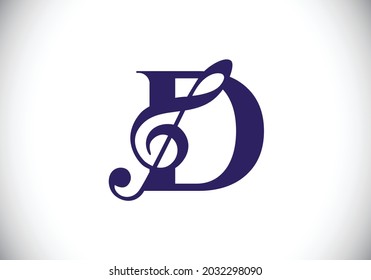 Initial D monogram alphabet with a musical note. Symphony or melody signs. Musical sign symbol. Font emblem. Modern vector logo design template.