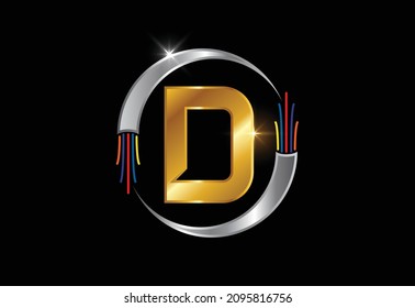 Initial D monogram letter alphabet with electric wire, optical fiber cable. Font emblem.