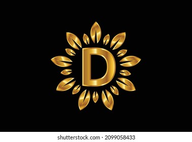 Initial D monogram letter alphabet with leaf wreath. Golden leaf, flower logo design concept. Modern vector logo design for business, and company identity.