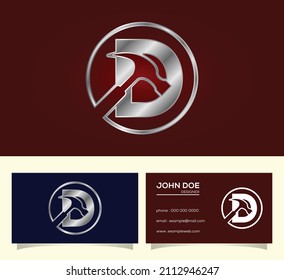 Initial D monogram letter alphabet with a Hammer. Repair, renovation, and construction logo.