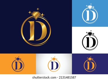 Alfabeto de monograma D inicial en un círculo con Diamante. Logo del Anillo de Diamantes. Concepto de diseño de logotipo de joyería. Logo vectorial moderno para identidad empresarial y de empresa.
