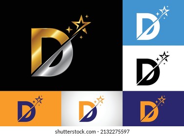 Alfabeto de letra inicial del monograma D con icono del logo de la estrella y el swoosh. Resumen del diseño del símbolo del logo de la estrella. Logo vectorial moderno para identidad empresarial y de empresa.