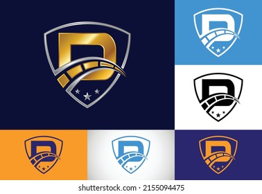 Initial D monogram letter with speedometer and shield sign. The automotive logo design concept 