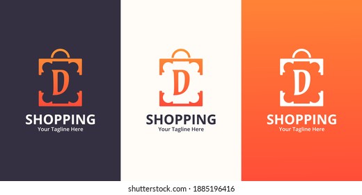Plantilla de diseños de logotipo de D Shop inicial. Ilustración vectorial gráfico del concepto de diseño del logotipo combinado de letras y bolsas de compra. Perfecto para Ecommerce, venta, descuento o elemento web de tienda. Emblema de la empresa