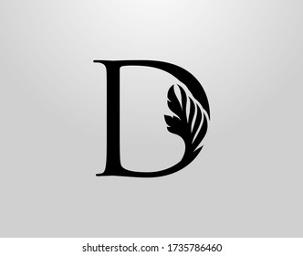 Initial D Swirl Logo. Classic D Letter Design Vector with Black Color and Floral Hand Drawn.