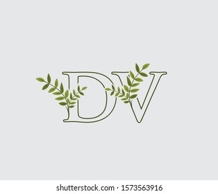 Initial  D, V and DV Nature Floral Logo Icon, Green Leaf Letter Design.