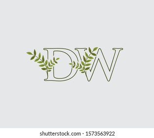 Initial  D, W and DW Nature Floral Logo Icon, Green Leaf Letter Design.