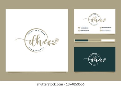 Colecciones iniciales del logotipo femenino DH y plantilla de tarjetas de visita.
