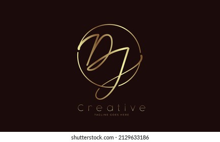 Logo inicial de DJ, DJ de letras manuscritas en círculo con color dorado, utilizable para marca, logotipos personales y de la empresa, ilustración vectorial