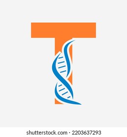 Initial DNA Logo On Letter T Vector Template For Healthcare Sign