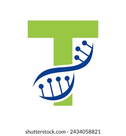Logo inicial del DNA en la plantilla del vector de la letra T para el símbolo de la salud