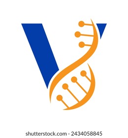 Initiales DNA-Logo auf Vektor-Schablone des Buchstaben V für das Gesundheitssymbol