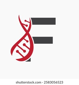 Initial DNA Spiral Logo On Letter F For Healthcare Sign Vector Template 