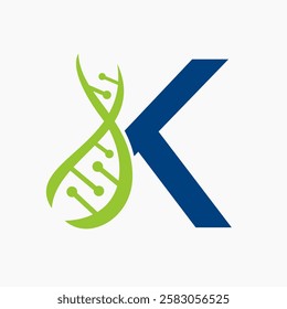 Initial DNA Spiral Logo On Letter K For Healthcare Sign Vector Template 