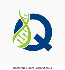 Initial DNA Spiral Logo On Letter Q For Healthcare Sign Vector Template 