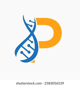 Initial DNA Spiral Logo On Letter P For Healthcare Sign Vector Template 