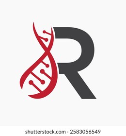 Initial DNA Spiral Logo On Letter R For Healthcare Sign Vector Template 