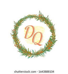 Initial DQ Letter Uppercase Characters inside Wreath Floral Logo Design