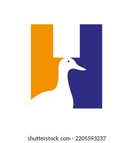 Initial Duck Logo On Letter H Negative Space Concept Vector Template