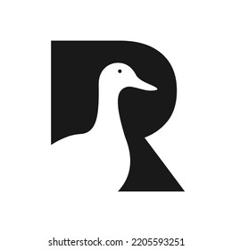 Initial Duck Logo On Letter R Negative Space Concept Vector Template