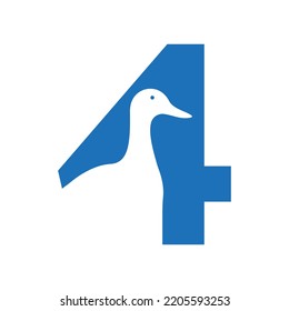 Initial Duck Logo On Letter 4 Negative Space Concept Vector Template