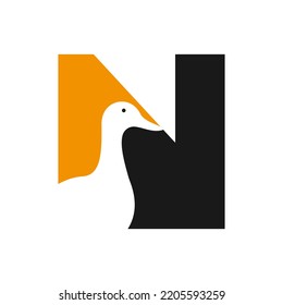 Initial Duck Logo On Letter N Negative Space Concept Vector Template