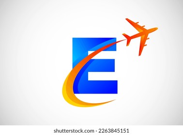 Alfabeto E inicial con un diseño de oscurecimiento y logo del avión. Adecuado para empresas de viajes o negocios