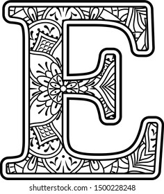 initial e in black and white with doodle ornaments and design elements from mandala art style for coloring. Isolated on white background