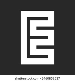 Initial E bold letter logo monogram from wide white stripes on a black background. Creative identity EE logotype from wide parallel lines.