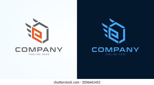 Initial E Box Logo. Letter E Box with wings combination usable for technology or logistics logo,. flat design logo template. vector illustration