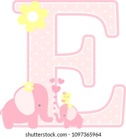 initial e with cute elephant and little baby elephant isolated on white. can be used for mother's day card, baby girl birth announcements, nursery decoration, party theme or birthday invitation