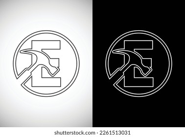 Initial E letter alphabet with a Hammer. Repair, renovation, and construction logo. Line art style logo