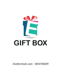 Initial E Letter with colorful gift box and ribbon logo vector concept. Gift box icon template