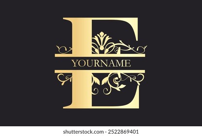 Initial E letter  floral Split Letter Monogram,luxury Wedding invitation Monogram Design,gold color on black background