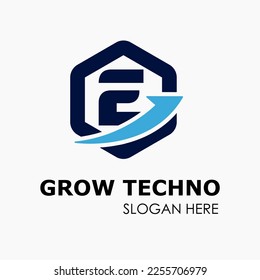 Initial E Letter in Hexagon Shape with Growth Arrow Upward Logo Idea Template