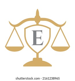 Initial E Letter Law Logo with Shield, Wreath Symbol. Law and Attorney Logotype in Alphabet E Letter Template