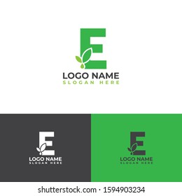 Initial E letter leaves with water droplets. Minimalist and modern cannabis leaf design