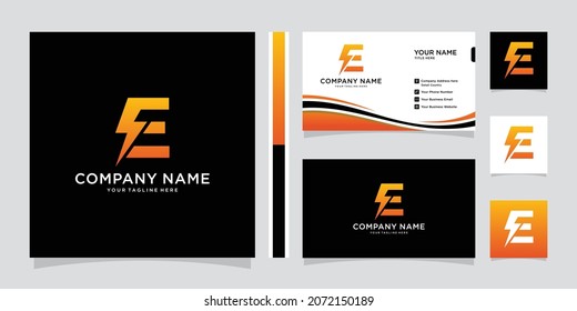 Initial E Letter with Lightning Bolt Logo Vector Design with business card design.