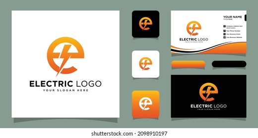 Initial e letter with lightning bolt logo vector design with business card design template